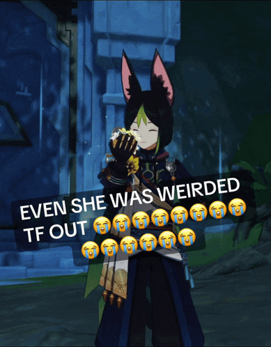 a picture of a video game character with a caption that says even she was weirded tf out