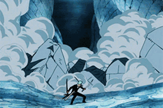 a man holding a sword in a cave with a lot of smoke coming out of it