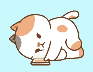 a cartoon cat is laying on its back looking at a cellphone