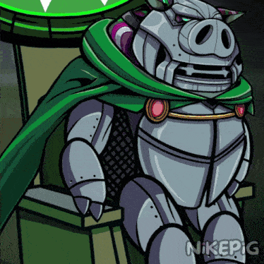 a cartoon of a pig wearing armor and a green cape with nikepig written below it