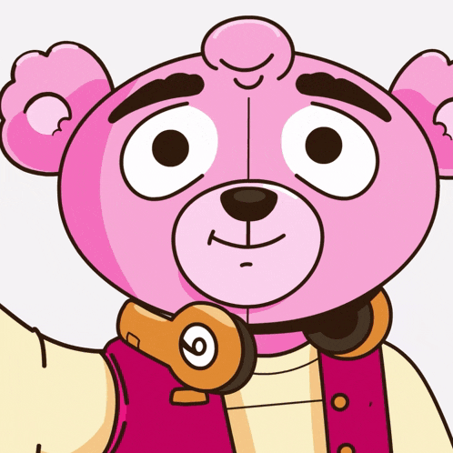 a pink teddy bear wearing headphones with the letter o on it