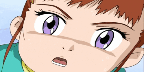 a close up of a girl with purple eyes
