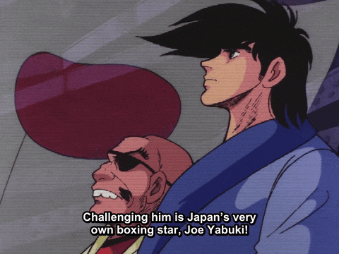 a man in a blue shirt says challenging him is japan 's very own boxing star joe yabuki !