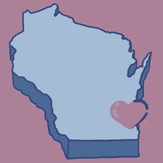 a 3d map of wisconsin with a red heart in the middle