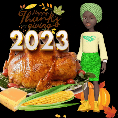 a doll is standing in front of a plate of food with the year 2023 on it