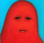 a close up of a red face on a blue background
