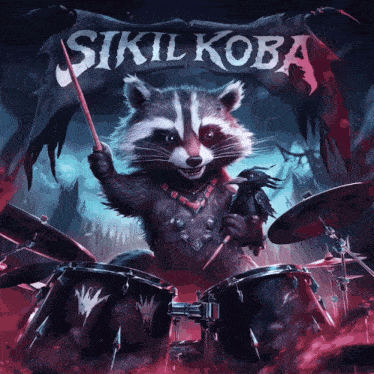 a poster of a raccoon playing drums with a banner that says ' sikilkoba '