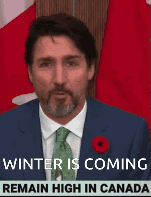 a man in a suit and tie with a poppy in his pocket says winter is coming