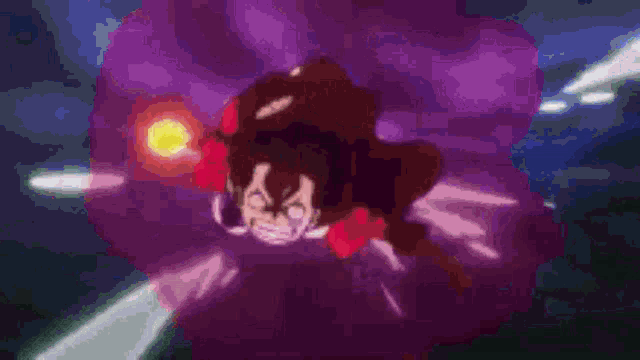 a person is flying through the air with a purple background and a yellow light in the background .