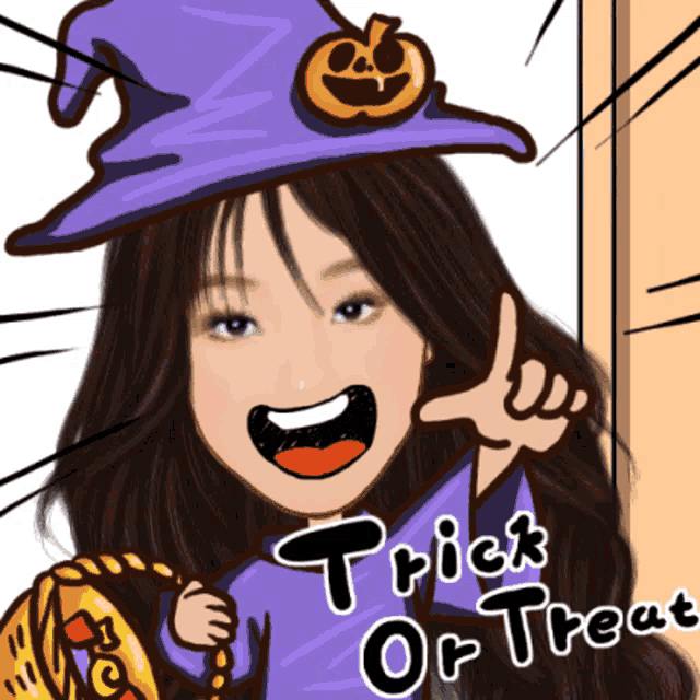 a cartoon of a girl wearing a witch hat and holding a pumpkin says trick or treat
