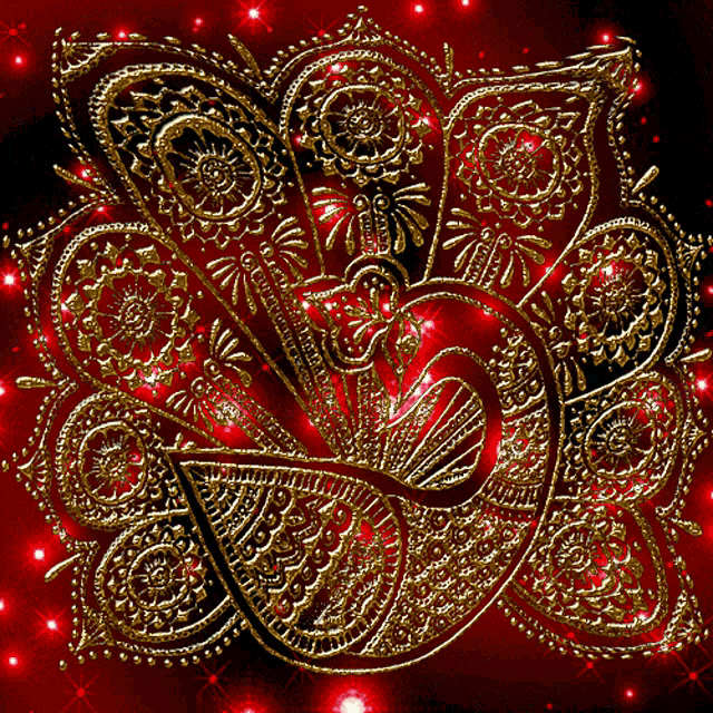 a red and gold design with a peacock in the middle