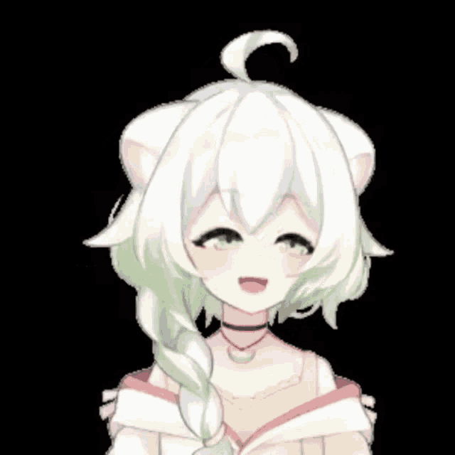 a girl with white hair and green eyes is wearing a choker necklace .
