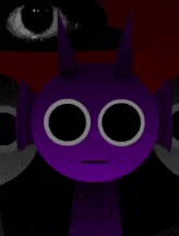 a purple cartoon character with horns and big eyes is standing in front of a black eye .