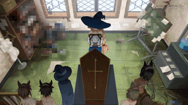 a group of people are gathered around a coffin with a cross on it and the word animeworld on the bottom