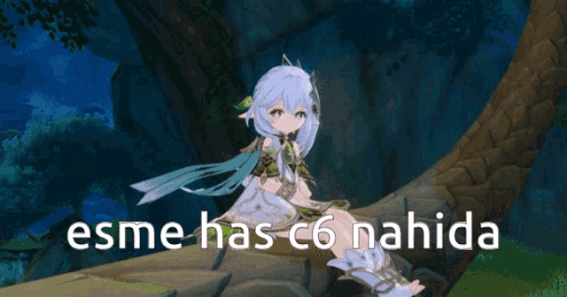 a cartoon girl is sitting on a rock with the words " esme has c6 nahida " on the bottom
