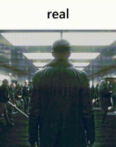 a man is standing in front of a crowd and the word real is on the bottom of the image
