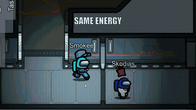 among us game showing smokeee and skodias in a hallway