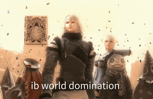 a video game character with the words ib world domination written on the bottom
