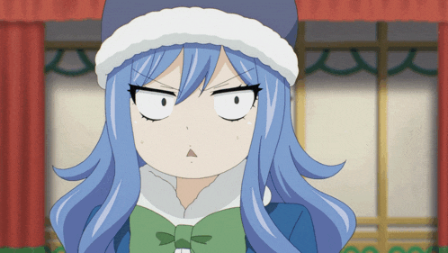 a cartoon girl with blue hair and a white hat making a funny face