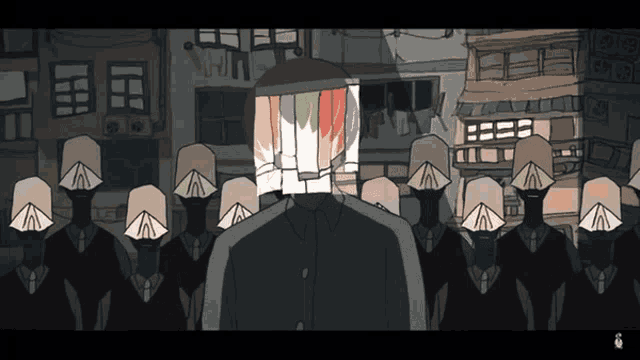 a cartoon drawing of a group of people with a man with a mask on his head