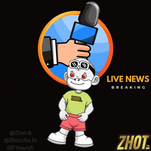 a cartoon of a monkey holding a microphone with the words live news breaking