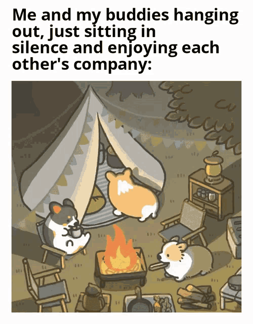 a cartoon of corgi dogs sitting around a campfire