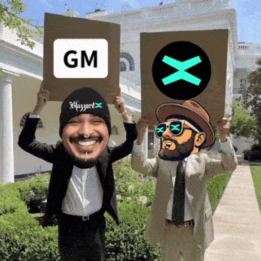 two men are holding up signs that say gm and blizzard