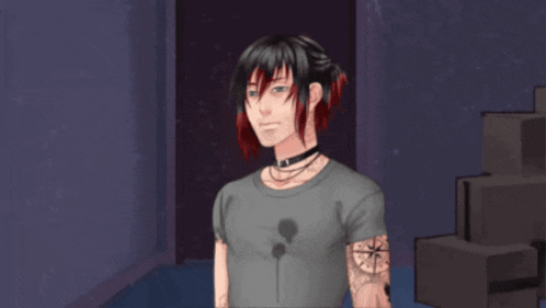 a man with a tattoo on his arm is standing in a dark room