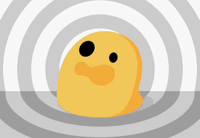 a yellow smiley face with black eyes and a red mouth is surrounded by a spiral