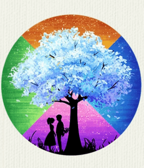 a couple standing under a tree in a circle with different colors