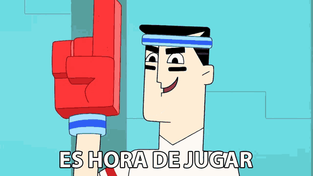 a cartoon of a man wearing a headband with the words es hora de jugar on it