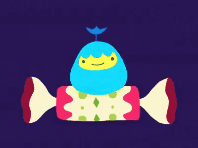a blue cartoon character with a yellow face sits on top of a candy