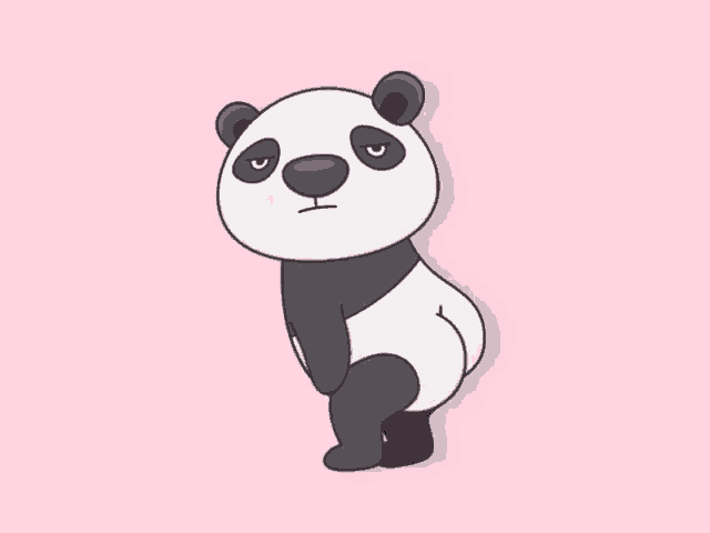 a cartoon panda bear is standing on its hind legs on a pink background .