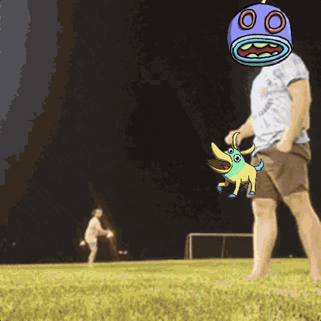 a cartoon of a man throwing a frisbee with a colorful dog in the foreground