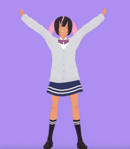 a girl with her arms outstretched is wearing a white cardigan and striped skirt