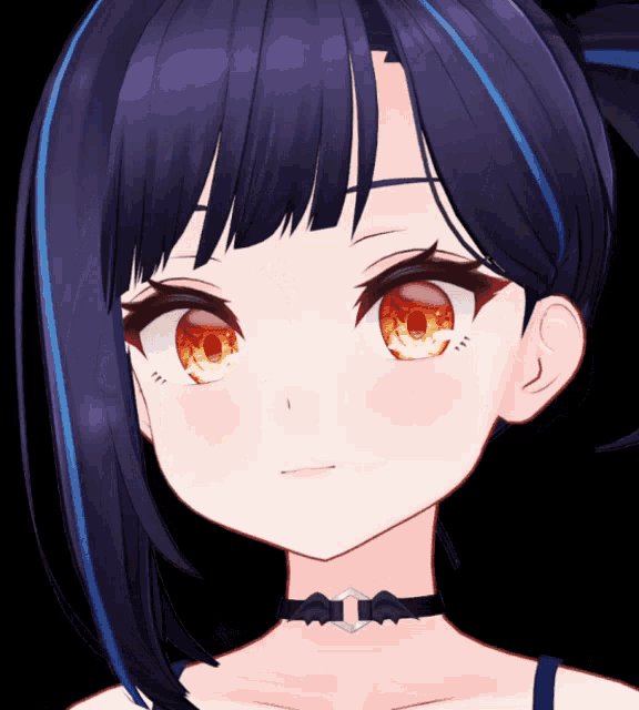 a girl with a choker around her neck has red eyes