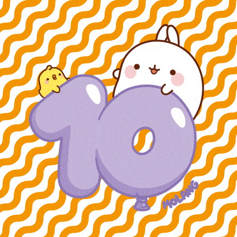 a cartoon of a bunny holding a purple number ten balloon