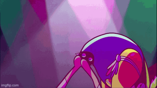 a colorful cartoon character is standing in front of a pink light and a purple background .