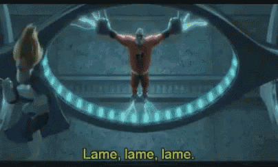 a man and a woman are standing next to each other and the woman is saying `` lame lame lame . ''
