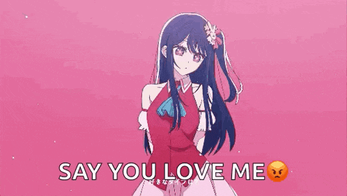 a girl in a red dress is dancing in front of a pink heart with the words `` say you love me '' .