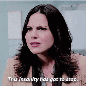 a woman is making a funny face and saying this insanity has got to stop .