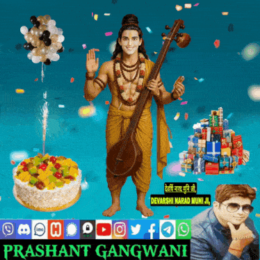 a picture of a man holding a violin and a cake with the name prashant gangwani at the bottom
