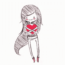 a girl with long hair is holding a red heart .