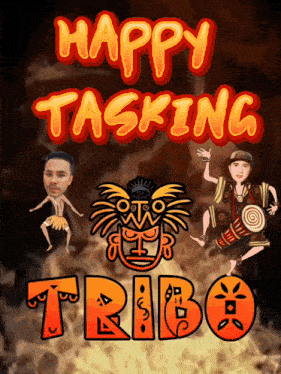 a poster that says happy tasking tribo with a man playing a drum