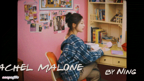 a girl in a plaid shirt sits at a desk with the words " achel malone by ning " below her