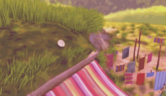 a cartoon character is standing in front of a clothes line with clothes hanging on it .