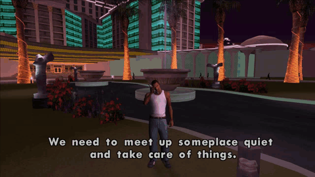a man talking on a cell phone in front of a building with the words we need to meet up someplace quiet and take care of things