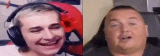 a man wearing headphones is smiling next to a man wearing headphones and making a funny face .