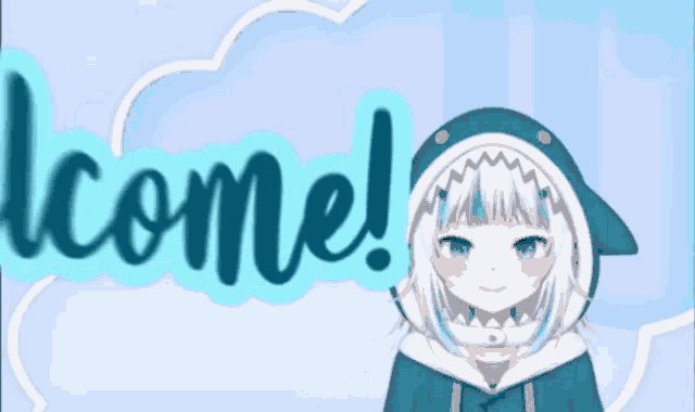 a girl in a shark hoodie says welcome
