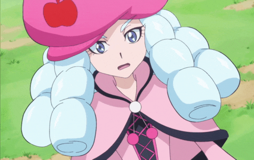 a girl with white hair and a pink hat has an apple on her hat